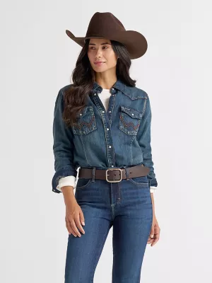 Women’s Long Sleeve Western Snap Denim Top in Denim