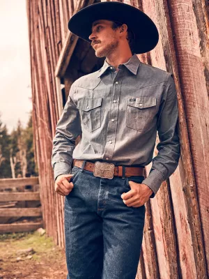 Cowboy Cut® Work Western Indigo Chambray Long Sleeve Shirt in Chambray