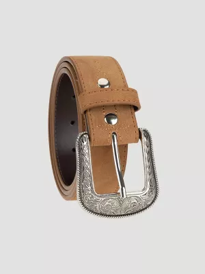 Men's Stitch Detailed and Etched Buckle Belt in Camel
