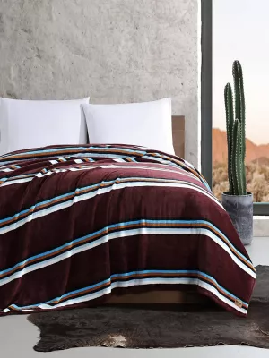 Wrangler Western Saddle Stripe Queen Blanket:Burgundy:Queen