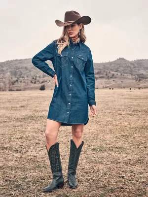 Women's Relaxed Western Shirt Dress in Dark Denim