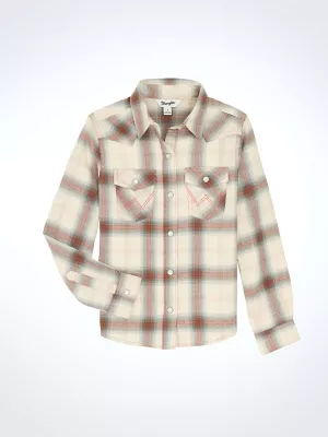 Girl's Flannel Plaid Western Snap Shirt in Cream