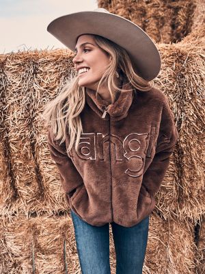 Women's Wrangler Logo Fuzzy Zip Jacket in Teddy Brown