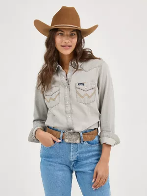 Women’s Long Sleeve Western Snap W Stitching on Pocket Denim Shirt in Grey Denim