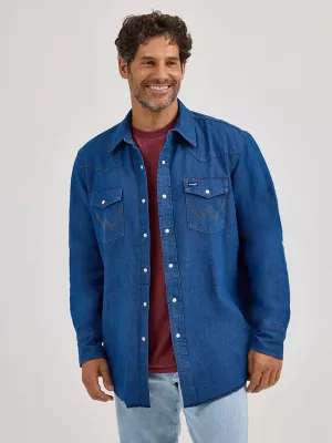Men's Wrangler® Long Sleeve Flannel Lined Solid Work Shirt in Blue Denim