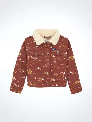 Girl's Southwestern Print Sherpa Denim Jacket in Burgundy