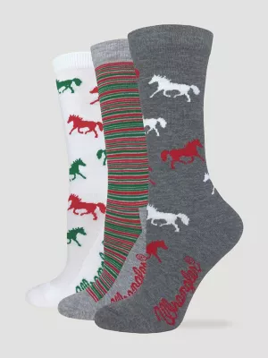 Womens Horses Festive Crew Socks Box Set 3 Pack:Multi:One Size
