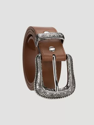 Men's Etched Buckle Belt in Cognac