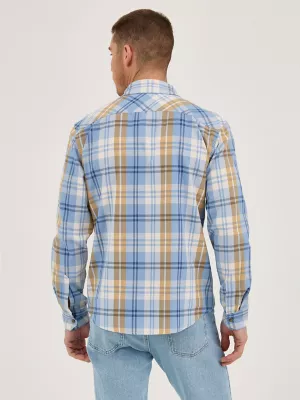 Men's Plaid Broken Twill Shirt in Blue Mustard