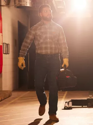 Wrangler FR Long Sleeve Western Snap Plaid Shirt:GreyOrange:4X