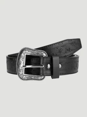 Men's Floral Whipstitch Embossed Belt in Black