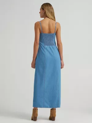 Women's Wrangler Denim Slit Front Maxi Dress in Mid Denim