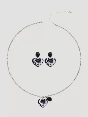 Heart Charm Necklace with Earring Set:Black:One Size