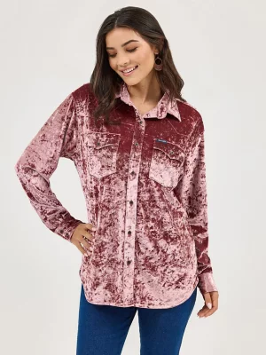Women's Wrangler Boyfriend Fit Button-Down Velvet Top in Wine Crush