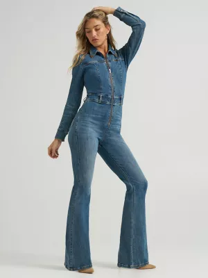 Wrangler x Lainey Wilson Denim Flare Catsuit in Rock Wash
