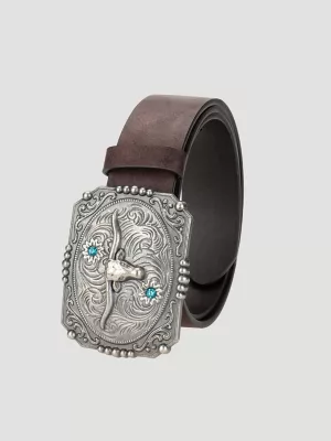 Women's Floral Steer Head Buckle Belt in Brown