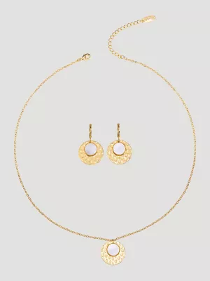 Disc Pendant Necklace with Earring Set:White:One Size