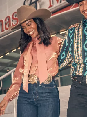 Women's Shimmer Tie Neck Blouse in Rose Gold