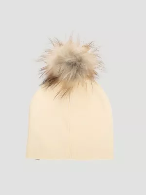 Womens Embroidery Pom Pom Beanie:Cream:One Size:
