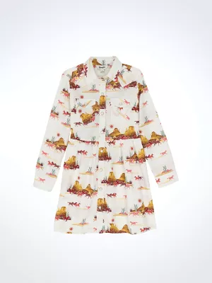 Girl's Long Sleeve Printed Western Snap Dress in Mesa White