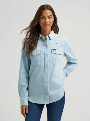 Women's Vintage-Fit Denim Western Snap Shirt in Bleached Denim