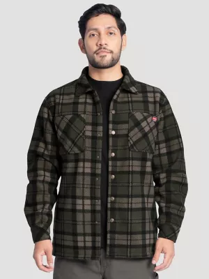 Men's Faux Shearling Workwear Flannel Overshirt in Olive Green Check