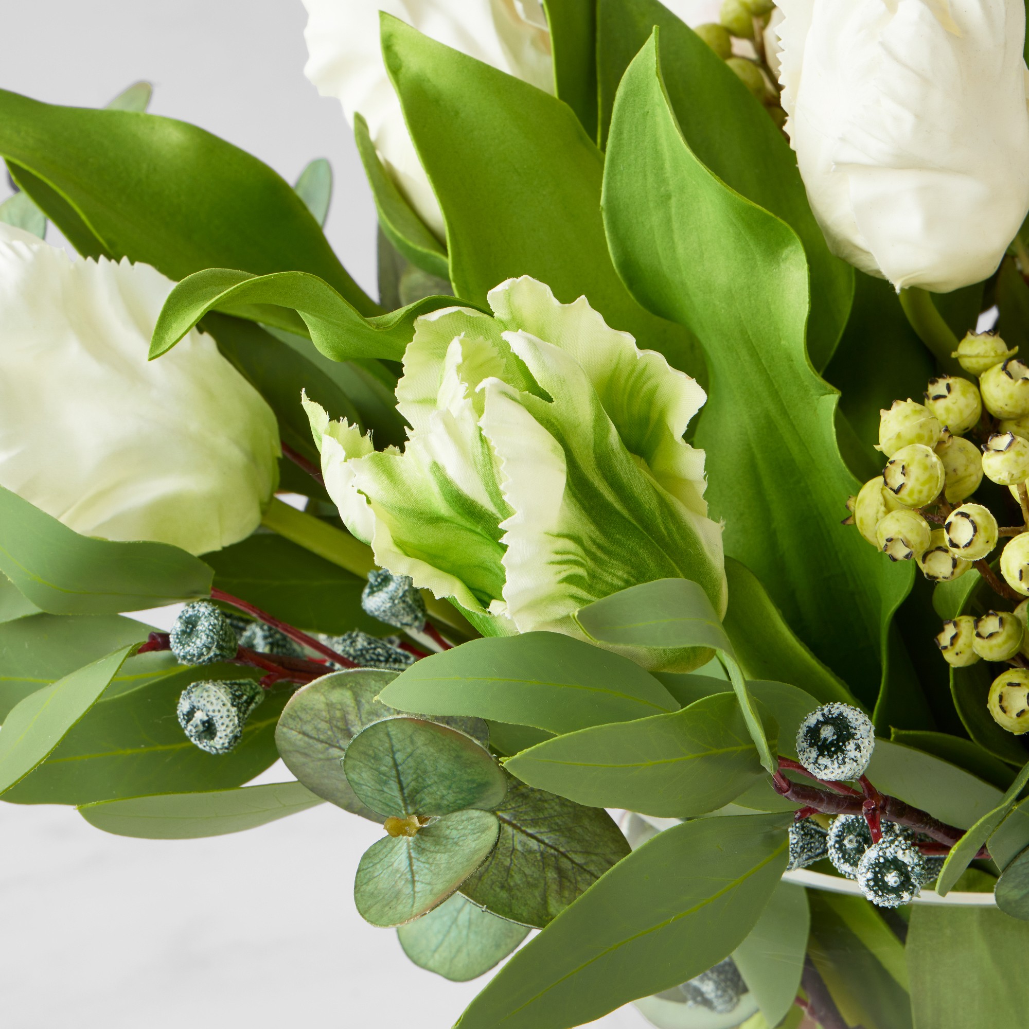 Faux Tulip & Eucalyptus Floral Arrangement in Glass Vase