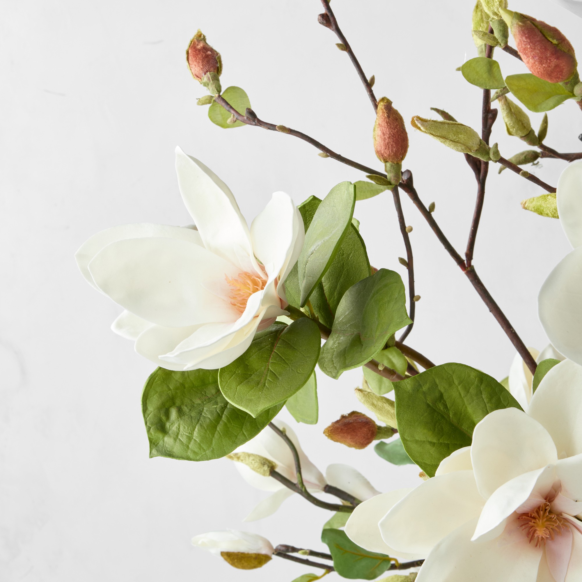 Faux Magnolia Flower & Branch Arrangement in Silver Vase