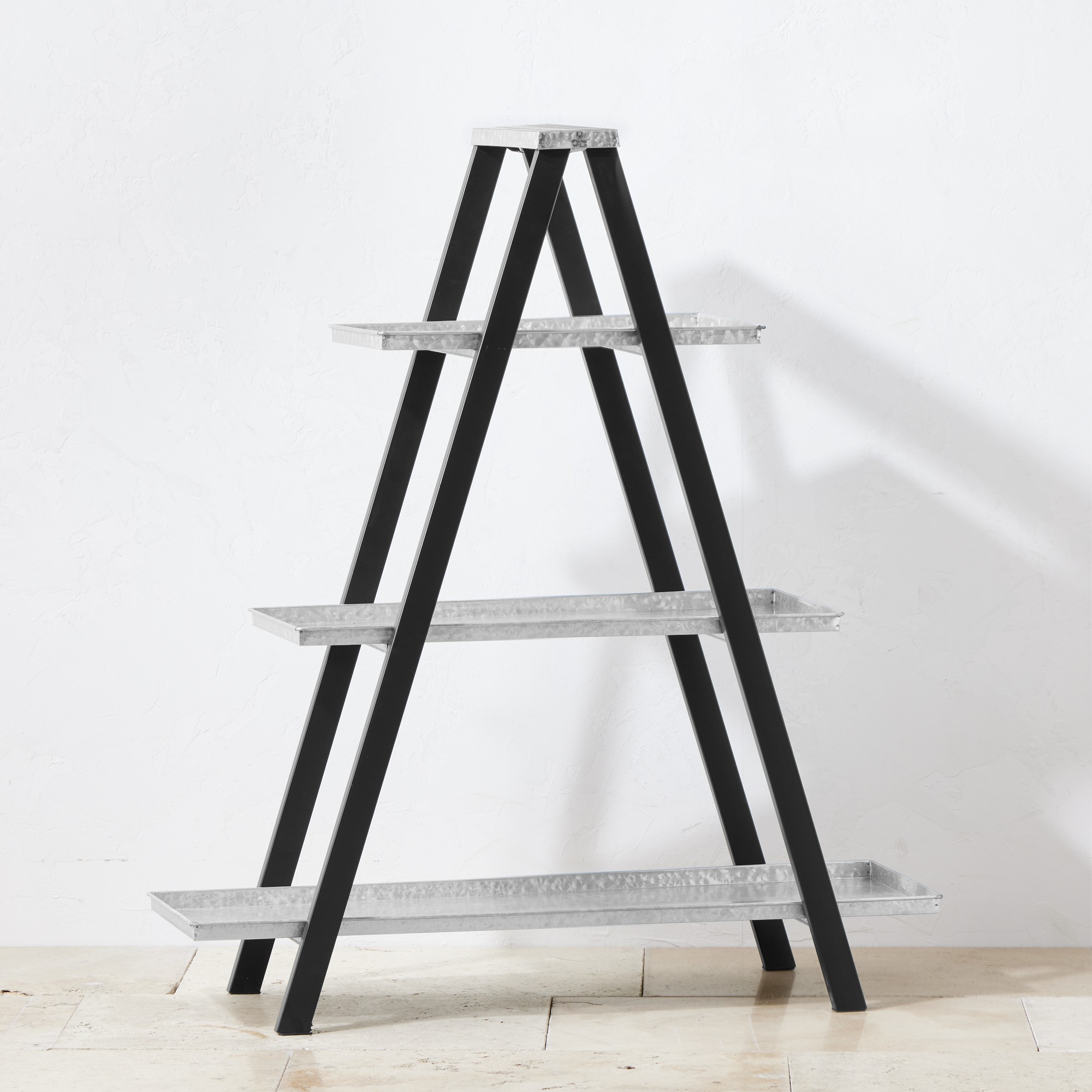 Vintage A-Frame Ladder Plant Stand with Galvanized Shelves