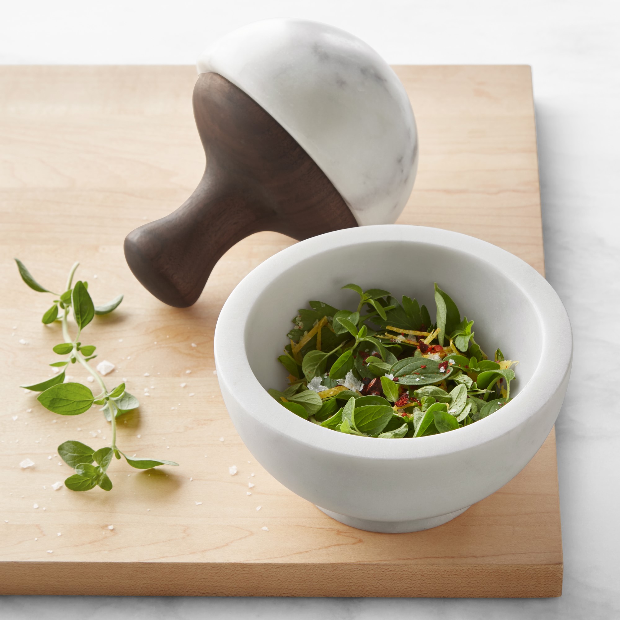 Williams Sonoma White Marble & Walnut Mortar & Pestle