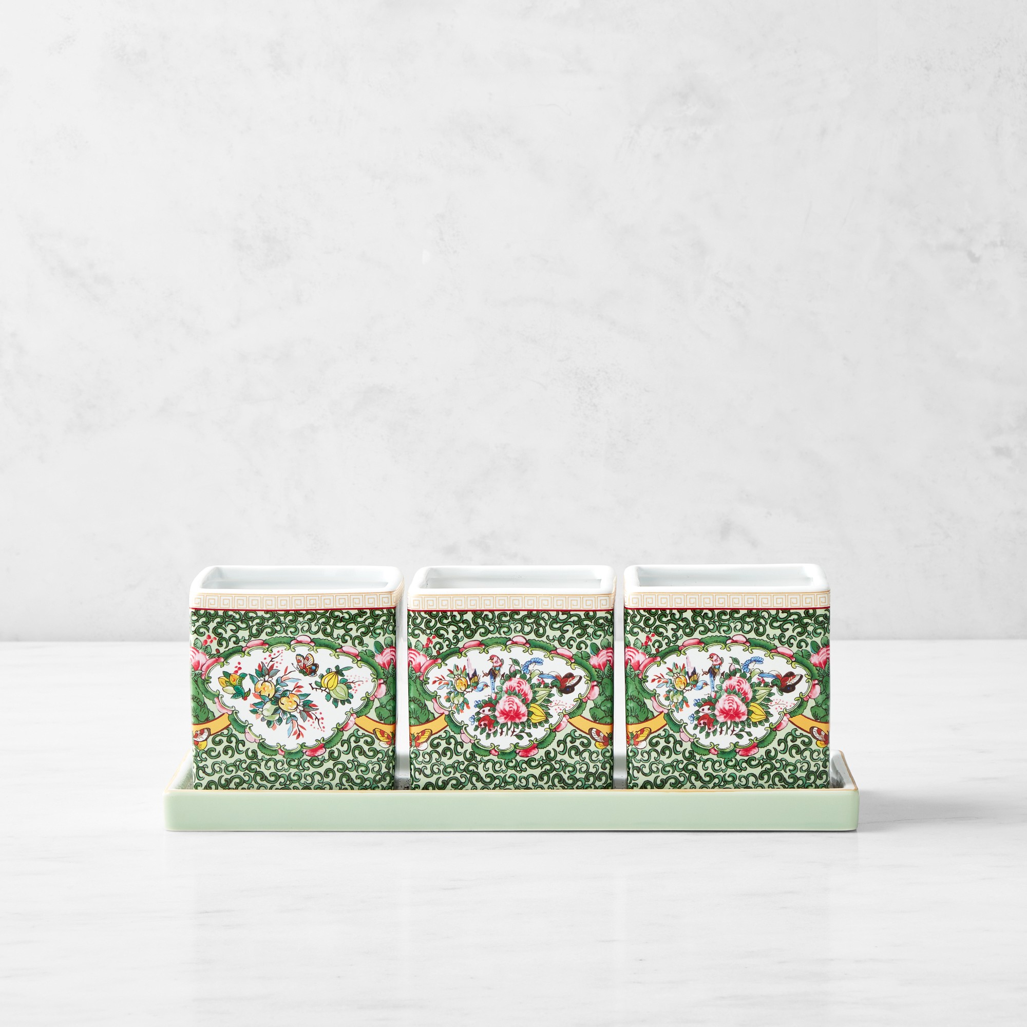 Famille Rose Herb Planter with Tray, Set of 3