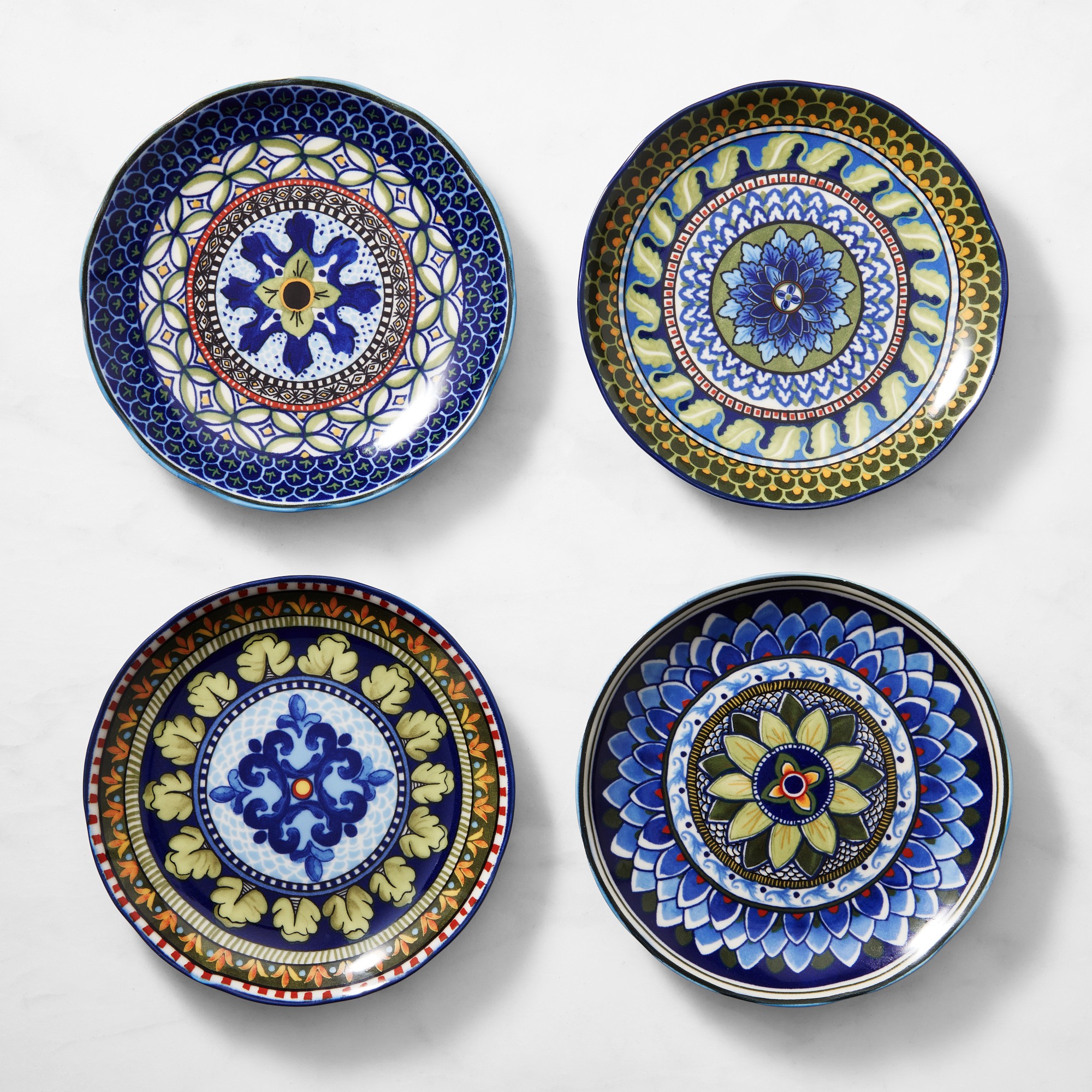 Sicily Ceramic Mixed Appetizer Plates, Set of 4, Blue & Green