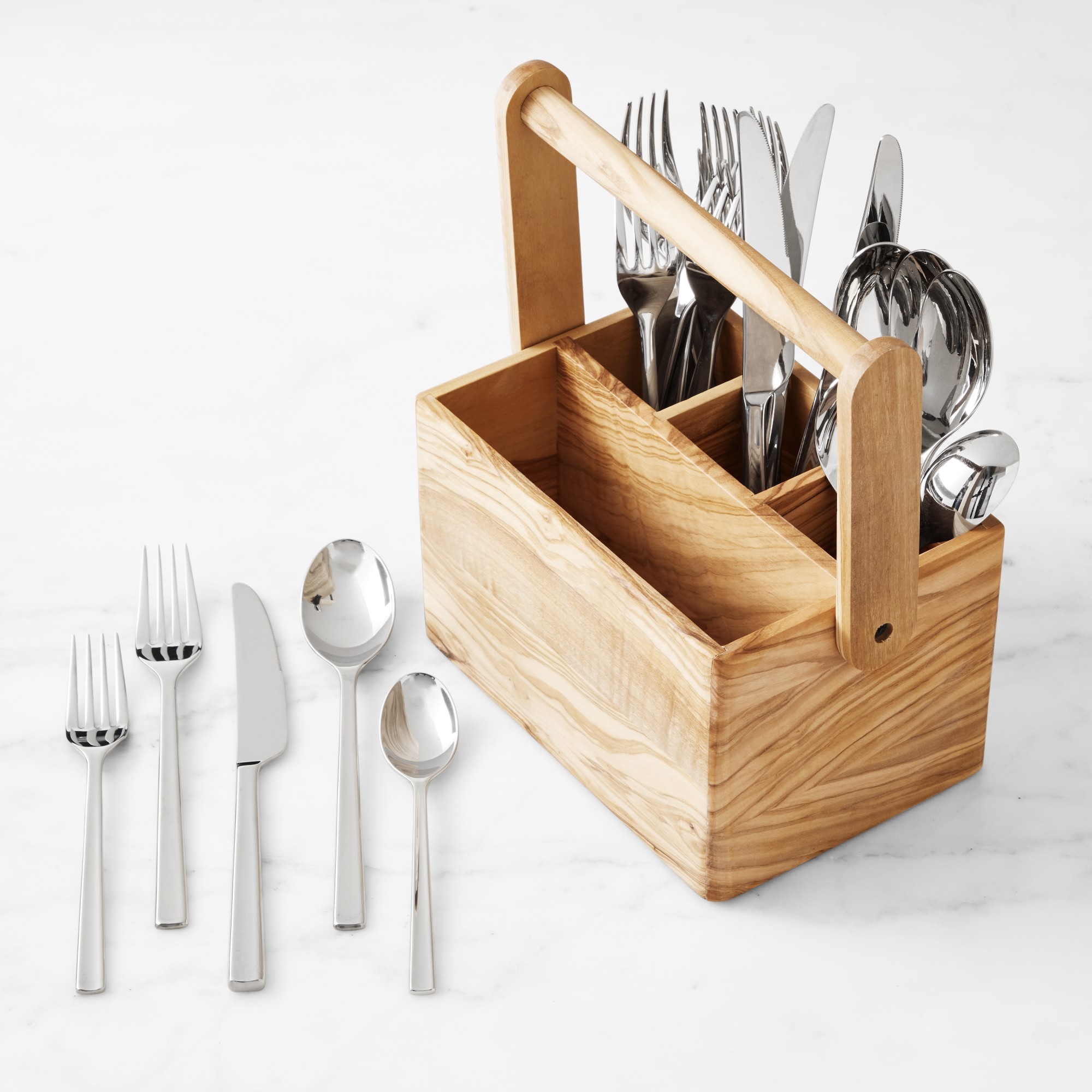 Olivewood Flatware Caddy with Robert Welch Blockley 20-Piece Flatware Set