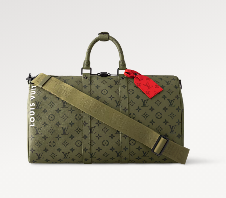 LV Keepall Bandouliere 45 Khaki Green/Vermillion Red