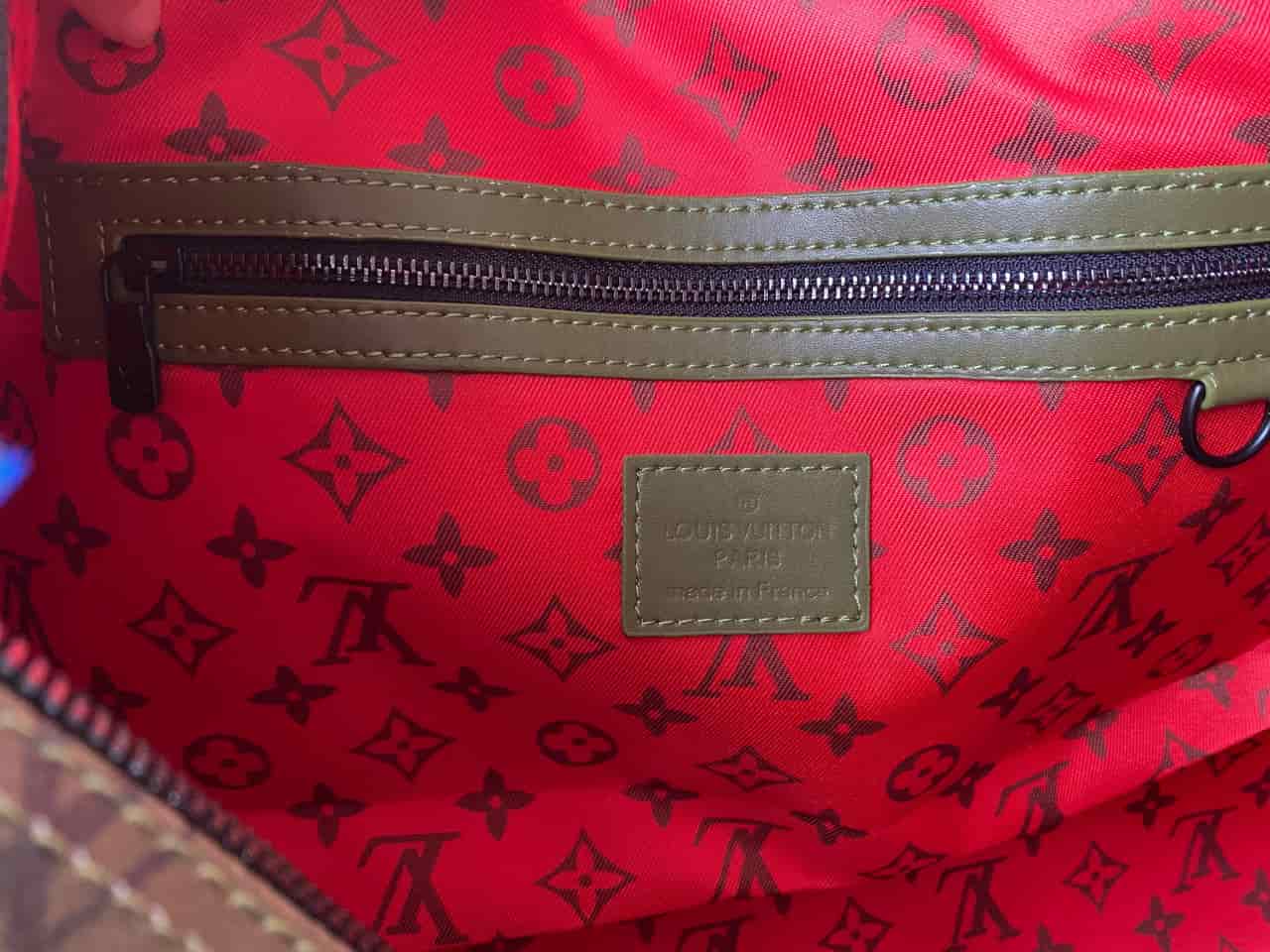 LV Keepall Bandouliere 45 Khaki Green/Vermillion Red