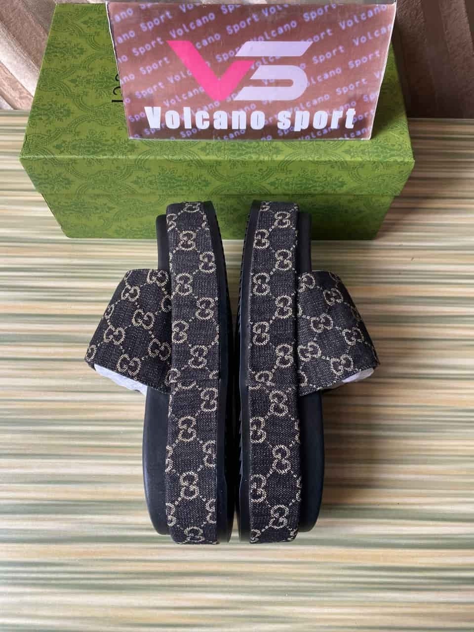 GUCCI Angelina Platform 55 mm Sandal Black Jacquard Denim