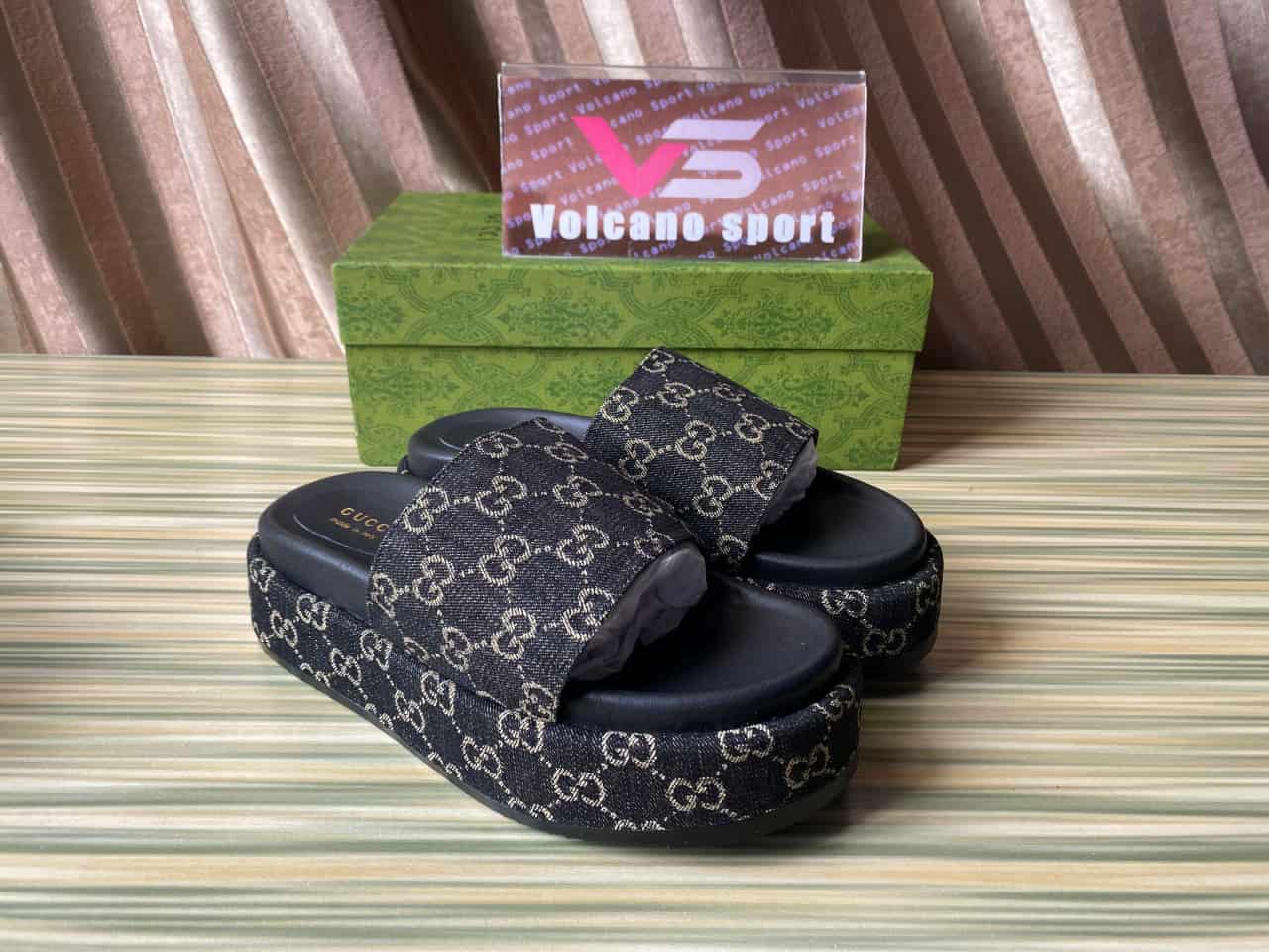 GUCCI Angelina Platform 55 mm Sandal Black Jacquard Denim