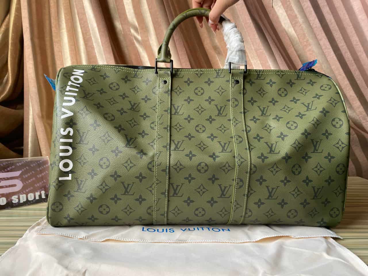 LV Keepall Bandouliere 45 Khaki Green/Vermillion Red