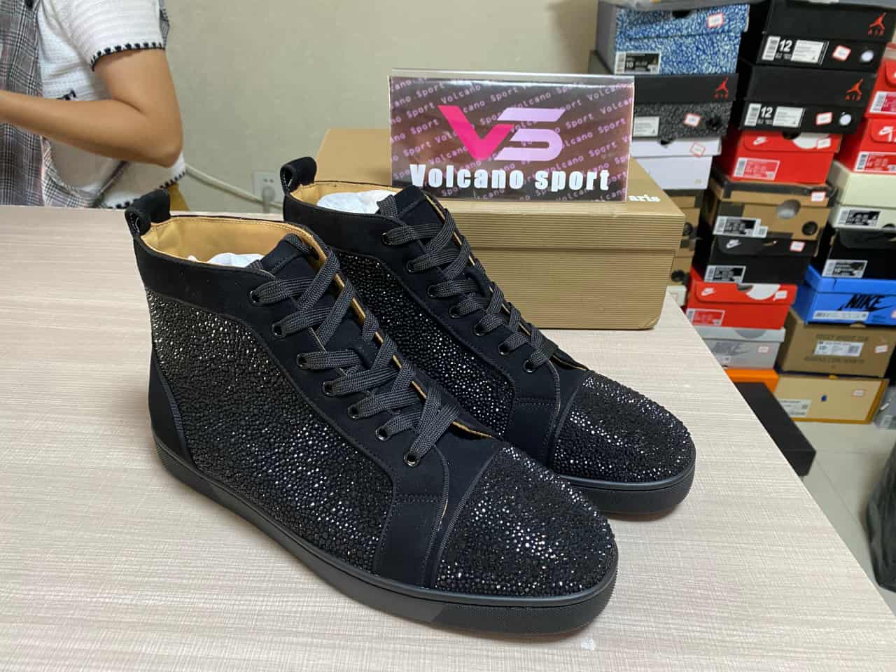 Christian Louboutin High top Full Diamond Black Suede Rhinestone Shoes