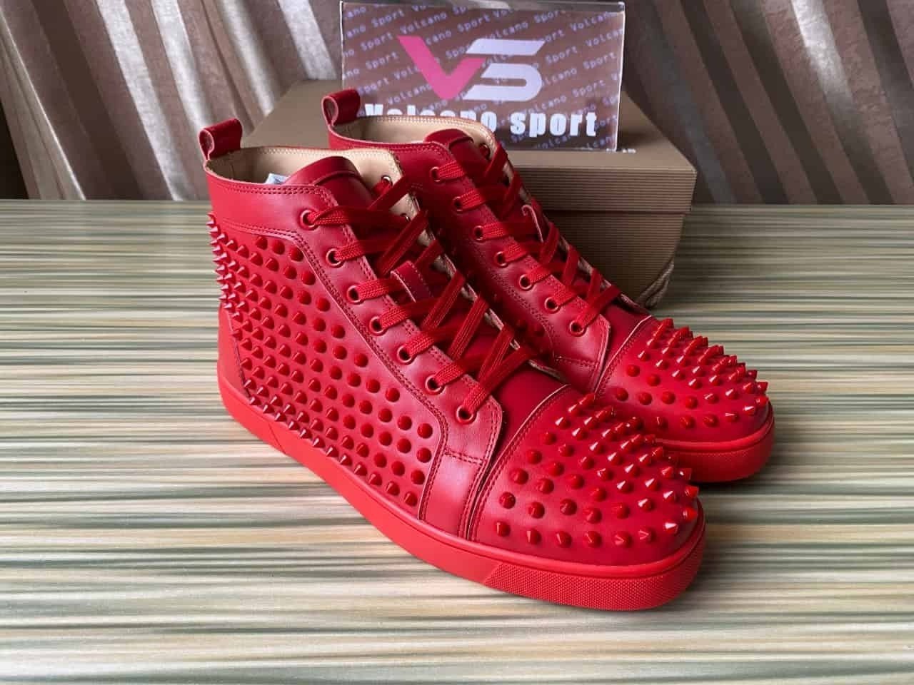 Christian Louboutin Louis Flat Poppy Red Suede -Metallic Spike