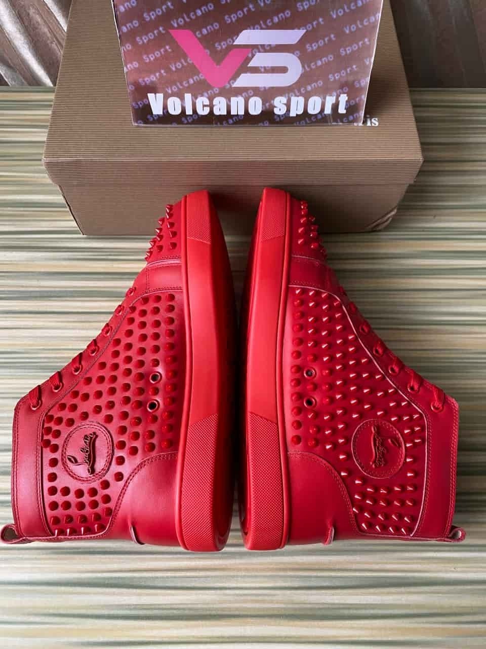 Christian Louboutin Louis Flat Poppy Red Suede -Metallic Spike