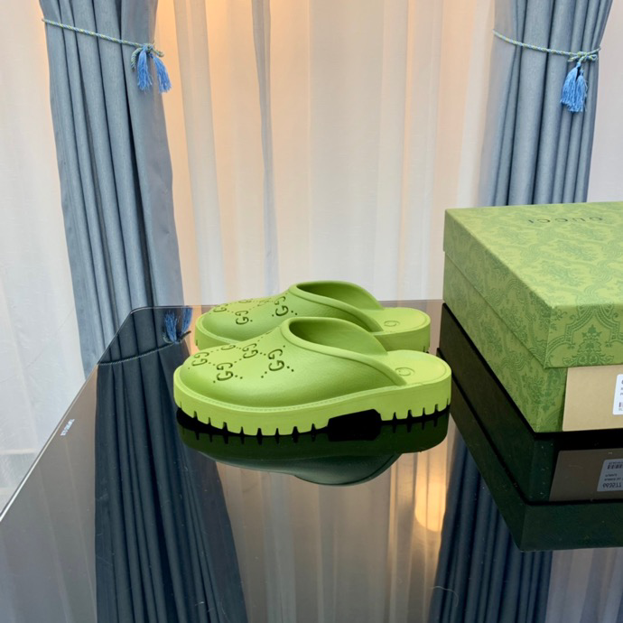 Gucci Perforated GG Thin Sole Mules Green