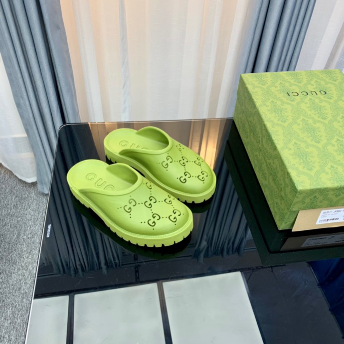 Gucci Perforated GG Thin Sole Mules Green