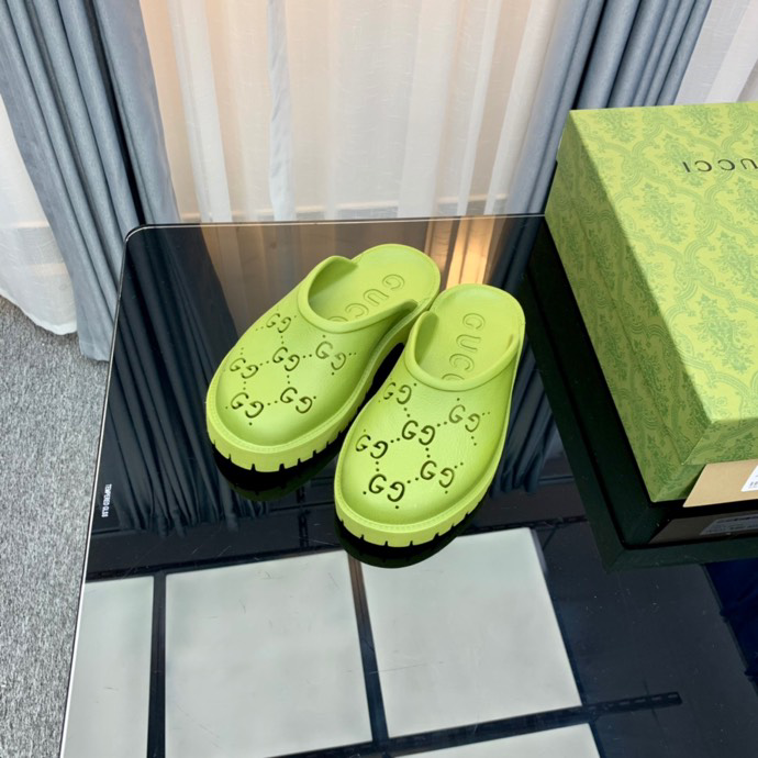 Gucci Perforated GG Thin Sole Mules Green