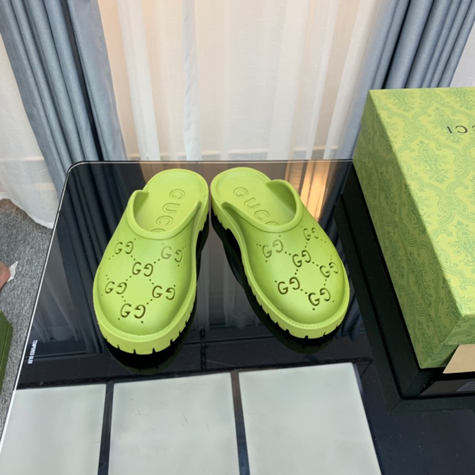 Gucci Perforated GG Thin Sole Mules Green