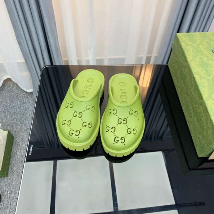 Gucci Perforated GG Thin Sole Mules Green