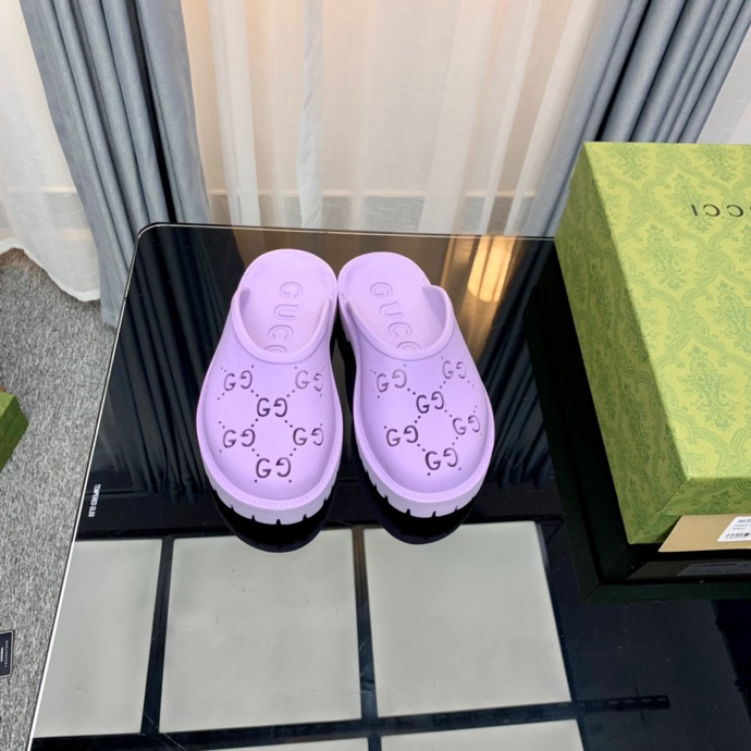 Gucci Perforated GG Thin Sole Mules Purple