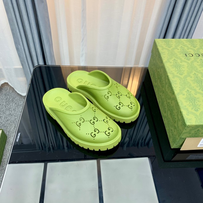 Gucci Perforated GG Thin Sole Mules Green