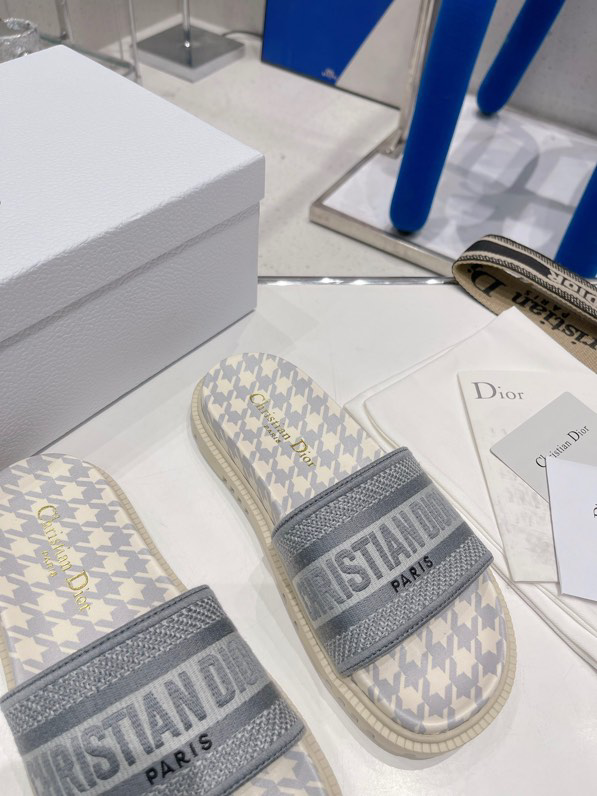 Dior Women Dway Slide Cornflower Blue Embroidered Cotton with Micro Houndstooth Motif