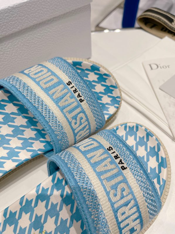 Dior Women Dway Slide Cornflower Blue Embroidered Cotton with Micro Houndstooth Motif